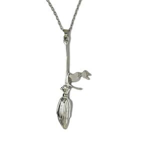 Halloween Fall Silvertone Cat Riding Broom Pendant 20"